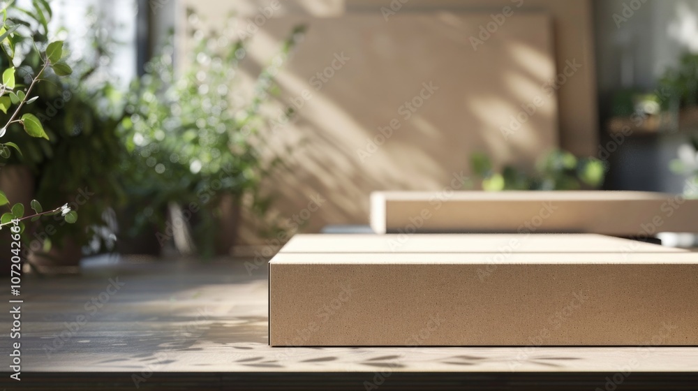 Poster a box sits on top of a wooden table