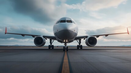 Obraz premium Powerful Commercial Passenger Jet Airliner Taking Off from Airport Runway Against Dramatic Stormy Sky with Clouds Aviation and Air Travel Transportation Concept