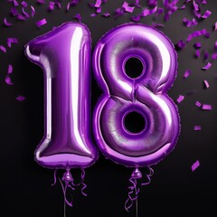 Fototapeta premium Purple birthday / anniversary balloon, number 18, black background with confetti