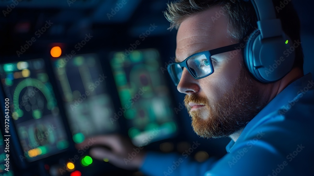 Poster focused male gamer or developer intently working on computer hardware and software at night in a dar