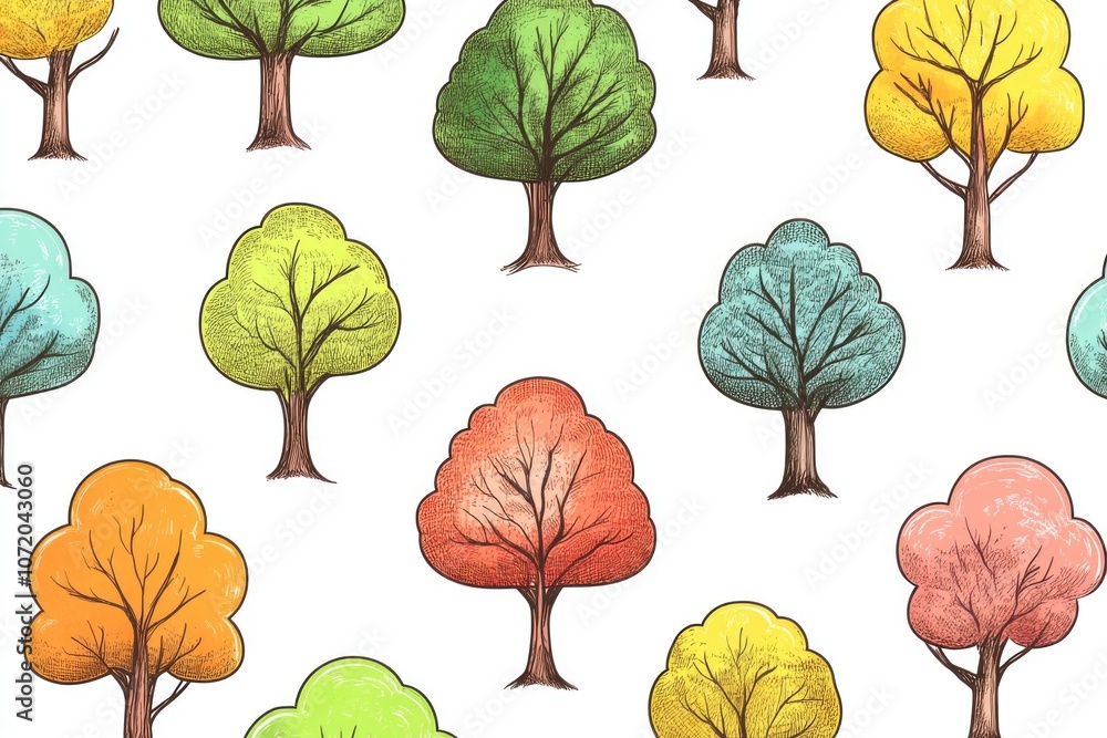 Poster a collection of colorful trees on a plain white background, great for illustrating themes of nature 