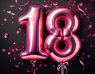 Pink birthday / anniversary balloon, number 18, black background with confetti