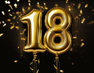 Gold birthday / anniversary balloon, number 18, black background with confetti