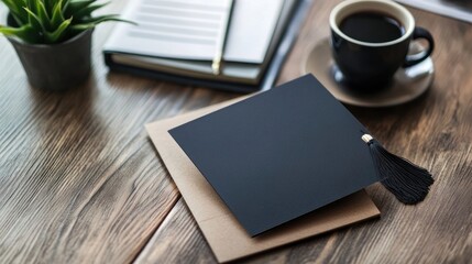 A black graduation cap sits on a wooden table with a cup of coffee, a notebook, and a succulent plant.