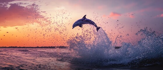 Dolphin Leaping Mid-Air with Splash and Vibrant Sunset Sky Background