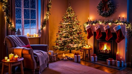 Obraz premium Cozy Holiday Living Room With a Christmas Tree, Fireplace, and Festive Decorations at Night