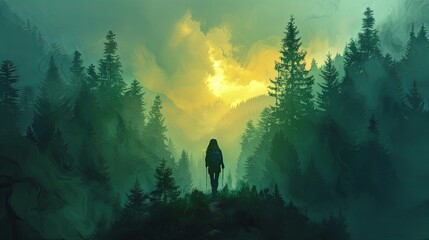 A person hiking through a dense forest, walking on a trail surrounded by tall trees, natural beauty and outdoor adventure, vibrant greens and fresh atmosphere