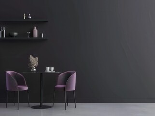 A modern dining room interior with a black and purple color scheme The room has a round table with two purple chairs and a set of shelves on the wall There are dishes. vases. and a teapot on the shelv