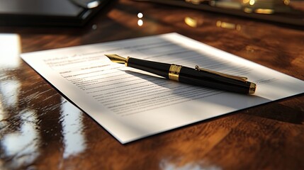 A black and gold pen sits on a white document on a wooden desk, ready for signing.