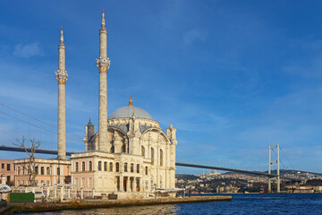 Beautiful view of Ortakoy Mosque at afternoon facing the Bosphorus canal, Istanbul, Turkey