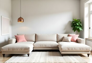 A minimalist and serene living room with a wooden floor, white walls, and a large window with sheer curtains. The room features a black table, a black chair, and a white pouf. The overall atmosphere.