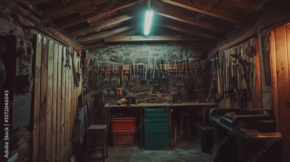 Poster a rustic workshop with a workbench and tools hanging on the wall.