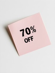 Black '70% OFF' Text on a Light Pink Square Paper Note. White Background 