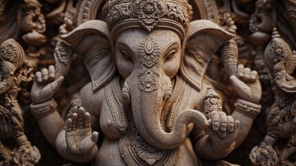 Close-up of a detailed, intricately carved stone statue of Ganesha, the Hindu god of beginnings and remover of obstacles.