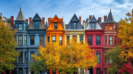 vibrant row of colorful townhouses showcases diverse architectural styles, with unique roof shapes and intricate details, symbolizing individuality, unity, and the charm of urban diversity