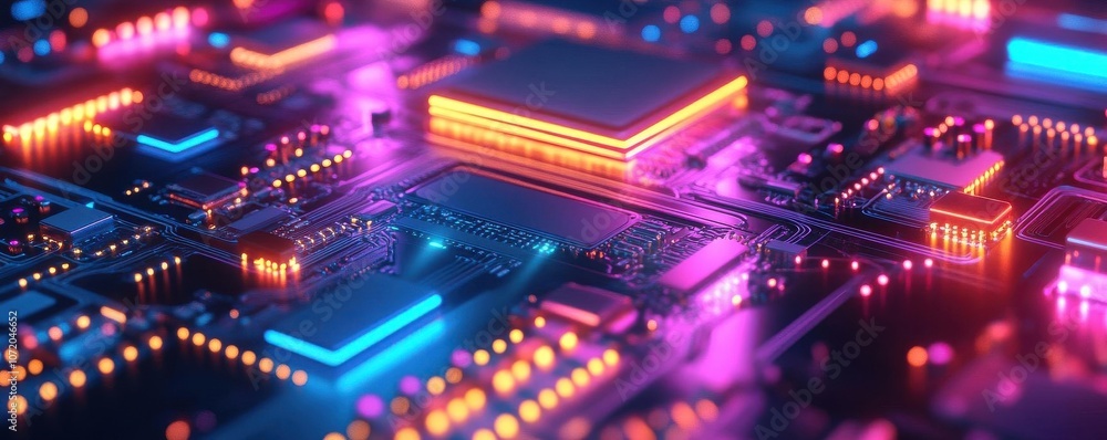 Poster a vibrant circuit board with glowing components, showcasing neon colors and intricate patterns indic