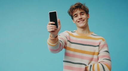 A young man holds his smartphone to take a photo or check the screen