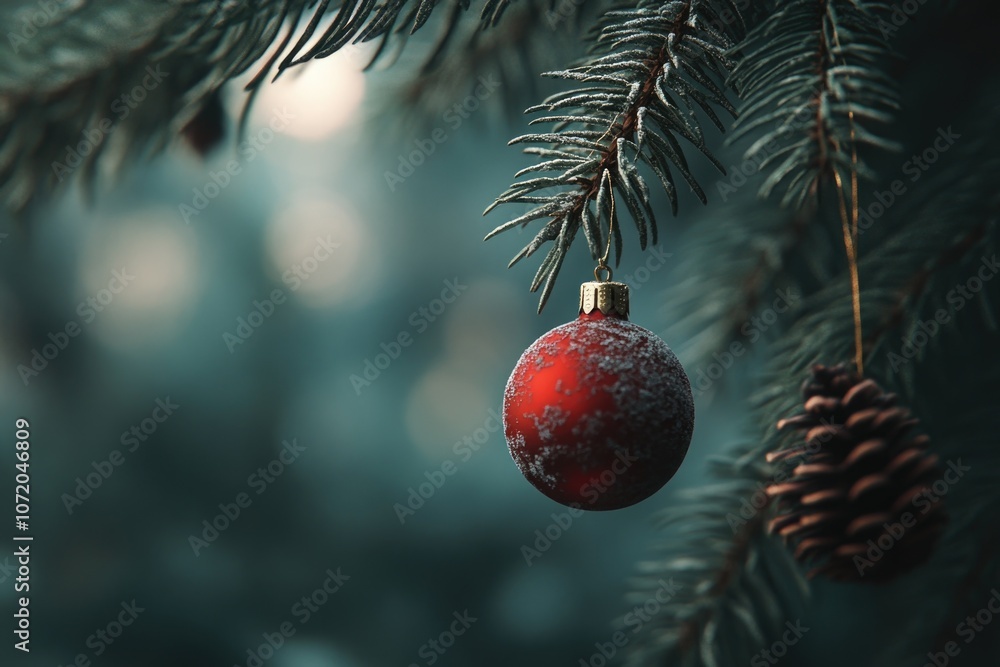 Aufkleber a vibrant red ornament hangs from the branch of a tall pine tree