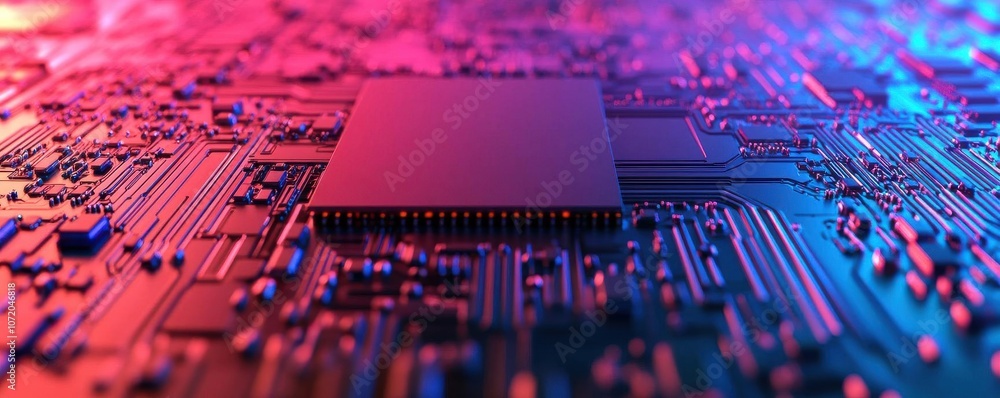 Poster a vibrant close-up of a circuit board featuring a central microchip, illuminated by colorful led lig