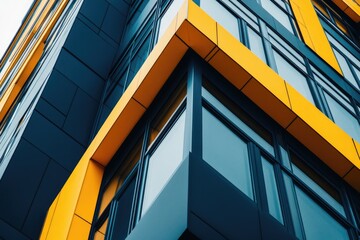 Obraz premium A tall yellow and blue building with windows, suitable for business or architecture images