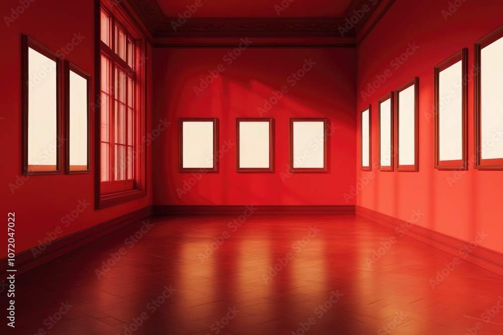 Aufkleber an empty room with red walls and windows