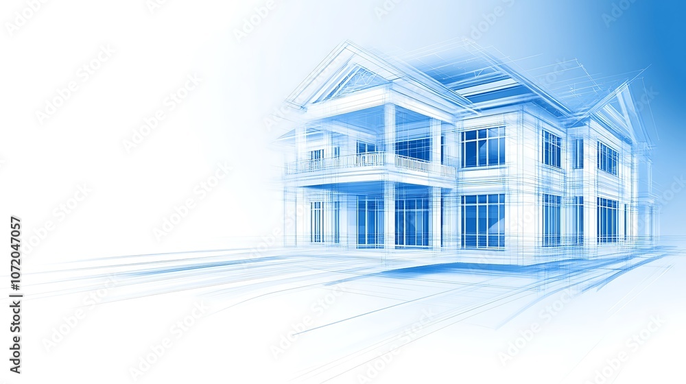 Poster a digital architectural illustration of a blue-tinted house, showcasing design elements and depth th