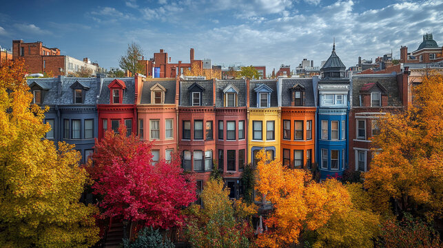 vibrant row of colorful townhouses showcases diverse architectural styles, with unique roof shapes and intricate details, symbolizing individuality, unity, and the charm of urban diversity