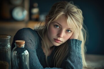 A person sitting by a wine bottle, great for food or drink related concepts