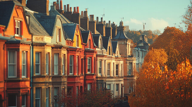 vibrant row of colorful townhouses showcases diverse architectural styles, with unique roof shapes and intricate details, symbolizing individuality, unity, and the charm of urban diversity
