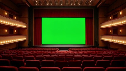 Step into a grand theater with rows of plush red seats facing a massive green screen. The ornate decor and rich red curtains enhance the elegance of the space, perfect for film production and special 