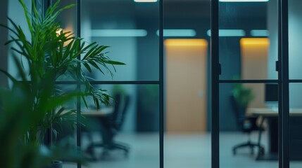 Blurred office interior background with a blurred door and glass wall, blurry bokeh light effect for a business concept design. High-quality photo, taken with a telephoto lens in realistic daylight.  