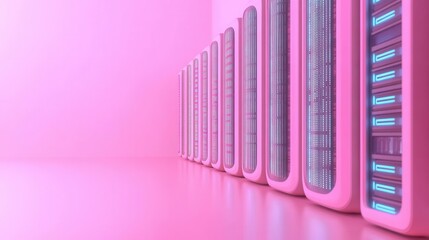 A row of sleek, pink-colored data servers with illuminated panels, set against a matching pink background, exudes a futuristic and vibrant tech aesthetic.