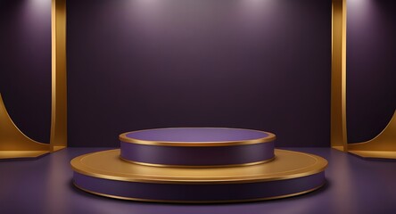Purple and gold luxurious podium for product presentation, empty platform background