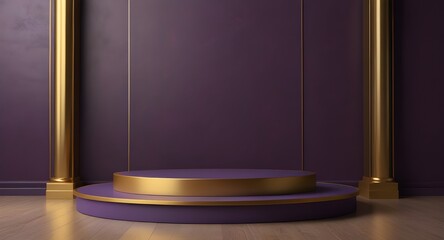 Purple and gold luxurious podium for product presentation, empty platform background