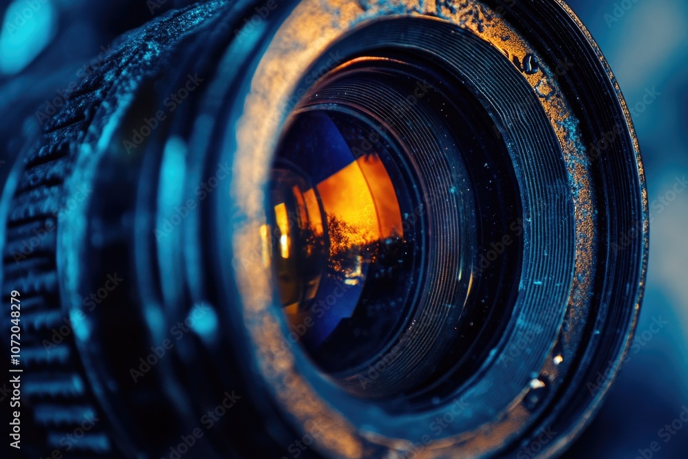 Poster a close-up shot of a camera lens, ideal for photography and tech-related uses