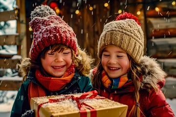 Children Joyfully Unwrapping a Gift in the Snowy Landscape During Winter Festivities