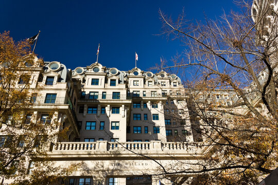 The imposing Beaux Arts edifice of the infamous and historic, The Willard Hotel, Pennsylvania Avenue, Penn Quarter, Washington DC