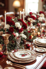 Fototapeta premium A luxurious Christmas table setting with elegant gold cutlery, fine china, and a stunning floral centerpiece featuring red roses and white flowers.