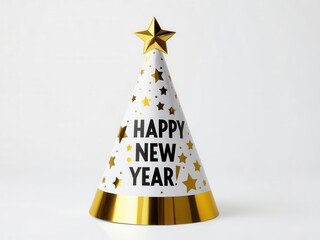 A festive New Year’s party hat featuring a gold star on top and "HAPPY NEW YEAR!" printed in bold black letters.