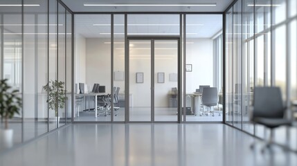 Obraz premium Blurred office interior background with a blurred door and glass wall, blurry bokeh light effect for a business concept design. High-quality photo, taken with a telephoto lens in realistic daylight. 