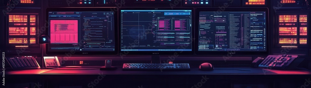 Poster a modern, high-tech workspace featuring multiple screens displaying data, code, and vibrant lighting