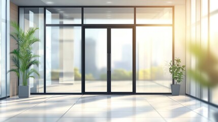 Fototapeta premium Blurred office interior background with a blurred door and glass wall, blurry bokeh light effect for a business concept design. High-quality photo, taken with a telephoto lens in realistic daylight. 