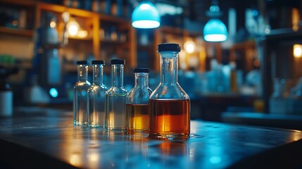 Chemistry laboratory background, a copy space with ampoules for chemical scientific experiments