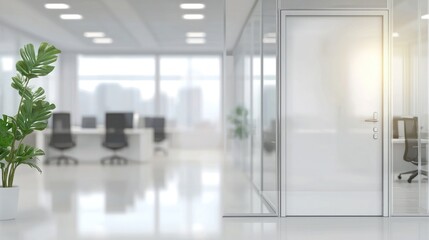 Fototapeta premium Blurred office interior background with a blurred door and glass wall, blurry bokeh light effect for a business concept design. High-quality photo, taken with a telephoto lens in realistic daylight. 