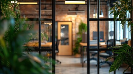 Blurred office interior background with a blurred door and glass wall, blurry bokeh light effect for a business concept design. High-quality photo, taken with a telephoto lens in realistic daylight.  
