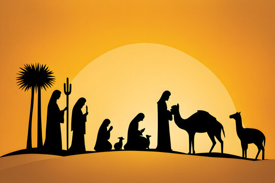 Simple nativity silhouette with a warm golden yellow background resembling the desert sun setting, Ai generated
