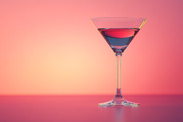A solitary martini glass filled with deep red liquid stands against a sunset gradient backdrop, exemplifying elegant artistry.