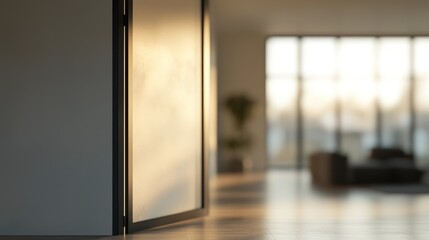 Blurred office interior background with a blurred door and glass wall, blurry bokeh light effect for a business concept design. High-quality photo, taken with a telephoto lens in realistic daylight.  