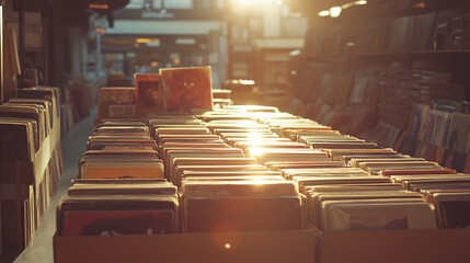 nostalgic vintage record store filled with rows of vinyl records, creating an ambiance that symbolizes timeless music, history, and a love for retro sounds in a cozy, curated space