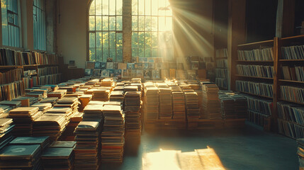 nostalgic vintage record store filled with rows of vinyl records, creating an ambiance that symbolizes timeless music, history, and a love for retro sounds in a cozy, curated space